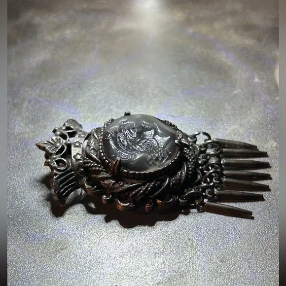 Vintage FLORENZA Slag Glass Intaglio Gunmetal Tassel Brooch Pin Pendant CAMEO